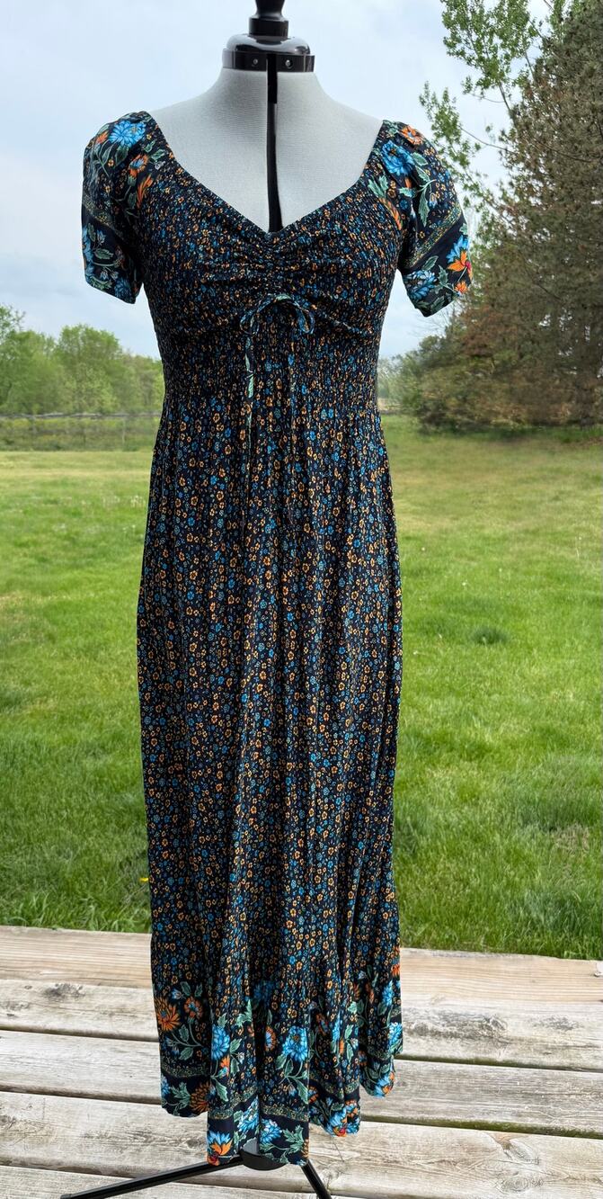 Summer Floral Smocked Maxi Dress Medium Casual Boho Beach Party